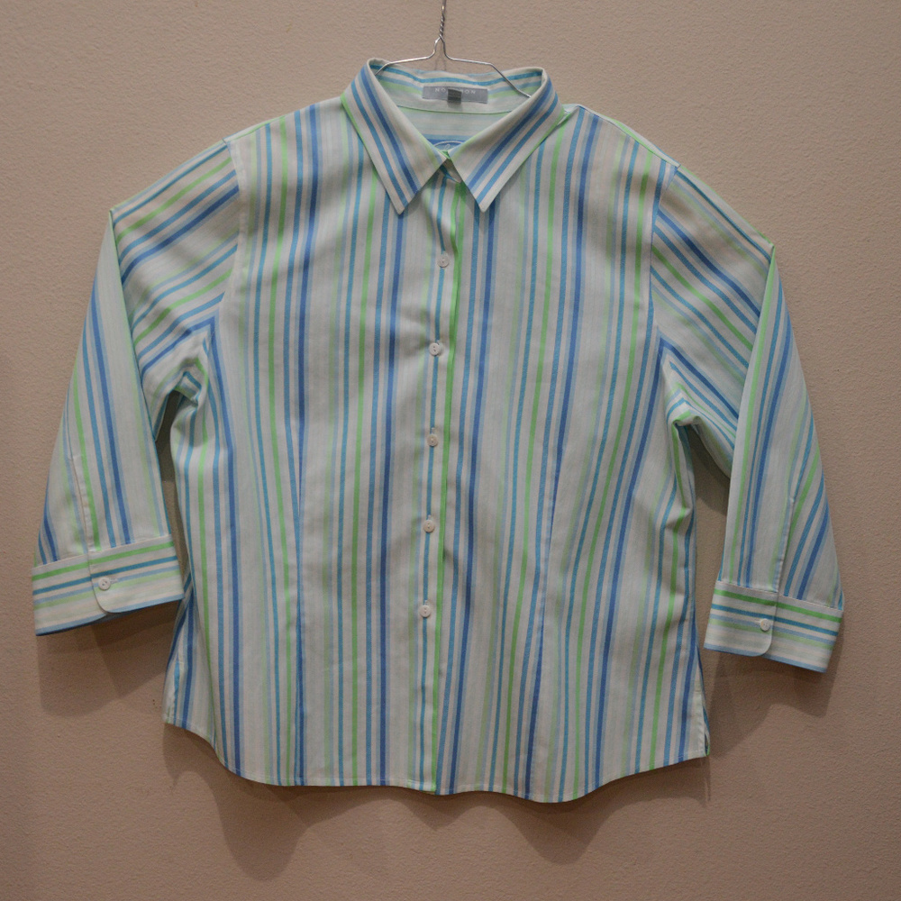 Foxcroft Blue Green White Striped ButtonDown Shirt